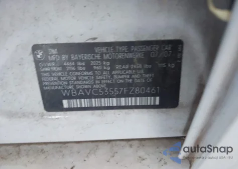 2007 BMW 328I из США, поврежденный, VIN WBAVC53557FZ80461